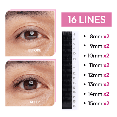 Extensions de cils en velours | Cils en soie | 0,03 | Mélange de longueurs 8-15 mm | 16 lignes 