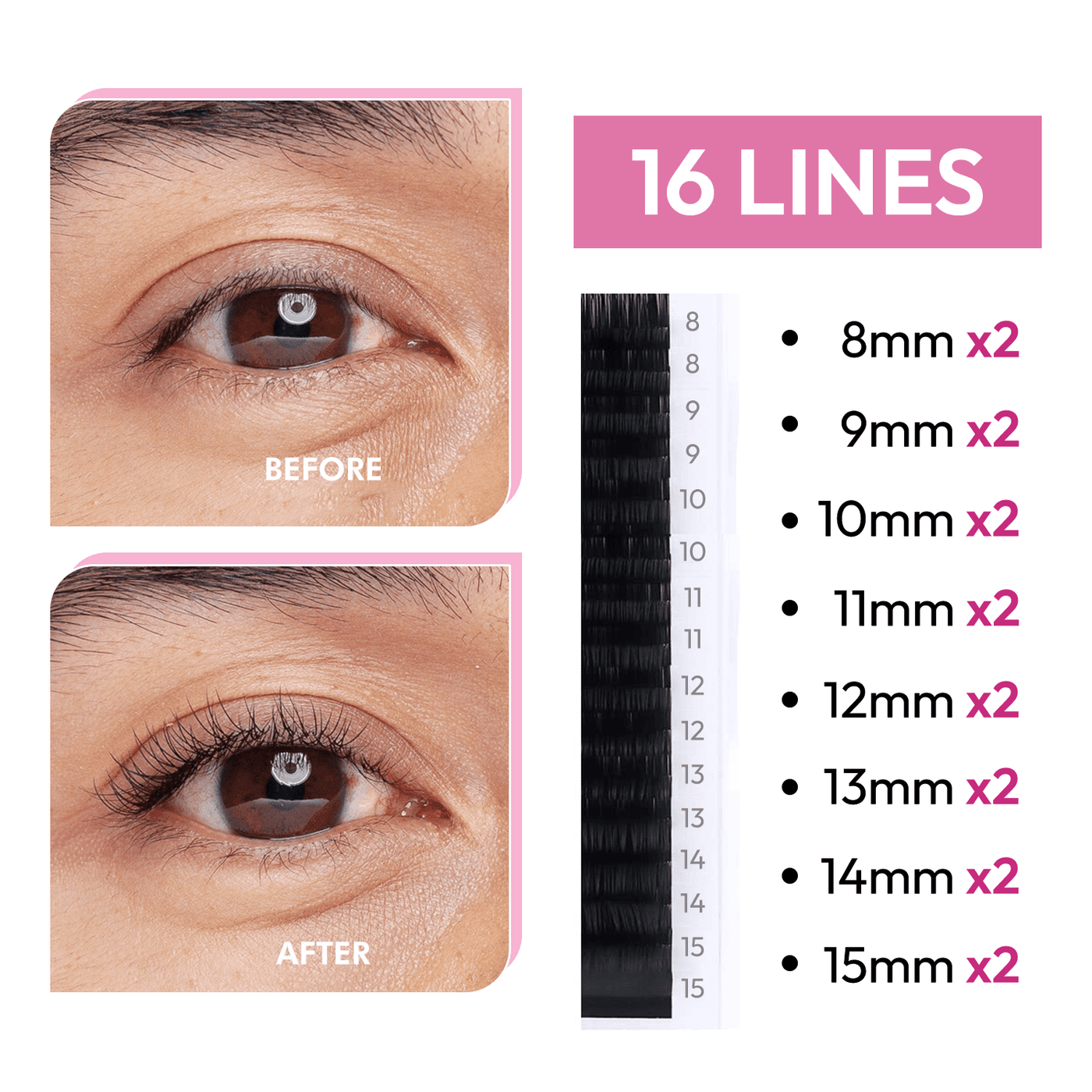 Extensions de cils en velours | Cils en soie | 0,07 | Mélange de longueurs 8-15 mm | 16 lignes 